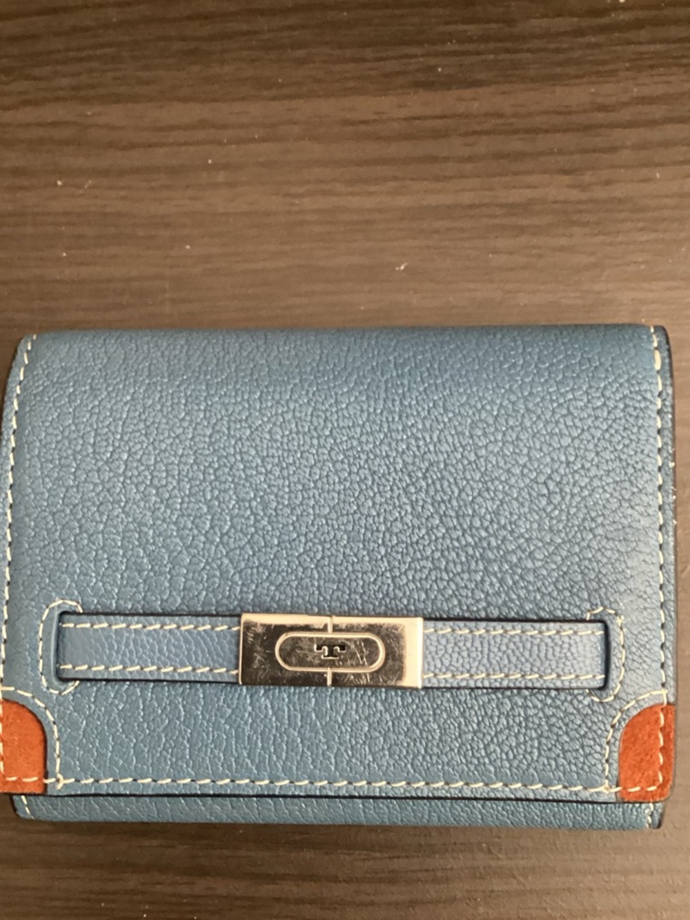 EUC Tory Burch Blue Leather Bifold Wallet with Tan, orange, yellow accents.